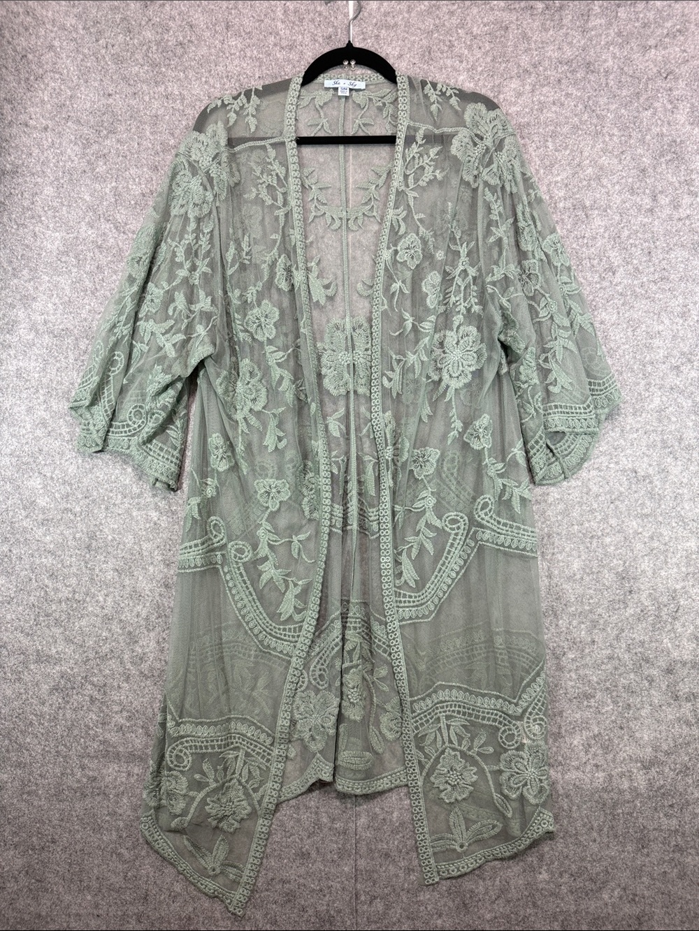 She + Sky Cardigan Top - Womens S / M - Light Sage Green Embroidered Mesh